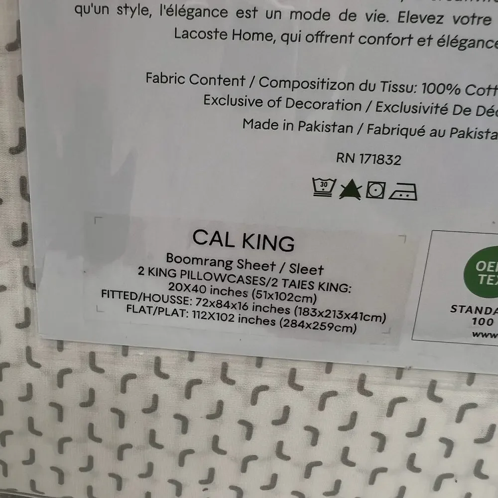 LACOSTE 100% Cotton Percale 4piece Cal King Sheet Set NWT